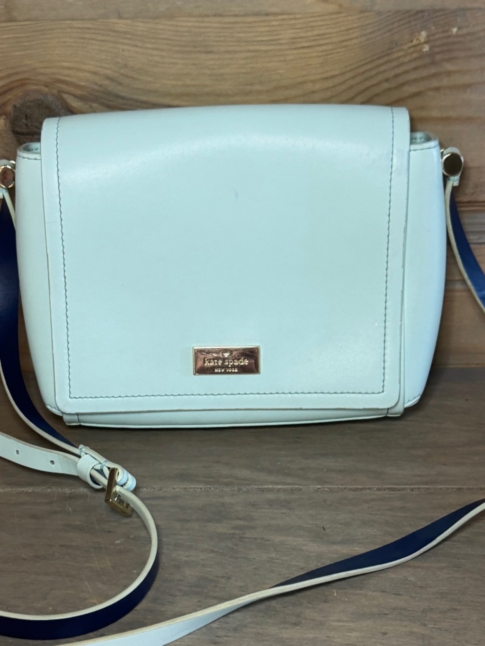 Kate Spade Light Blue Leather Crossbody Navy Trim Magnetic Flap EUC